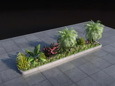 Bush Plants In Rectangular Planter With Various Greenery Pink Flowers And Gray Stone Tile Ground 3d model