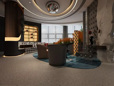 Modern Beauty Salon Reception Area With Sofas Decorative Plants And Stone Wall 3d model