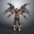 Post Apocalyptic Sci Fi Game Character With Mechanical Wings Damaged Armor And Yellow Goggles 3d model