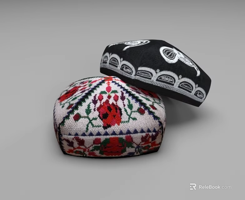 Colorful Embroidered Hat And Black Hat Featuring White Decorative And Floral Patterns 3d model 