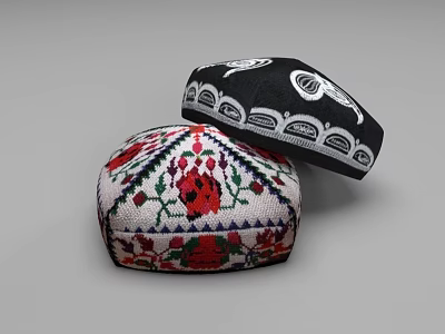 Colorful Embroidered Hat And Black Hat Featuring White Decorative And Floral Patterns 3d model
