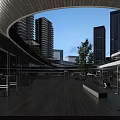 Modern Commercial Street with Glass Facades Pedestrian Walkway Trees and High Rise Buildings