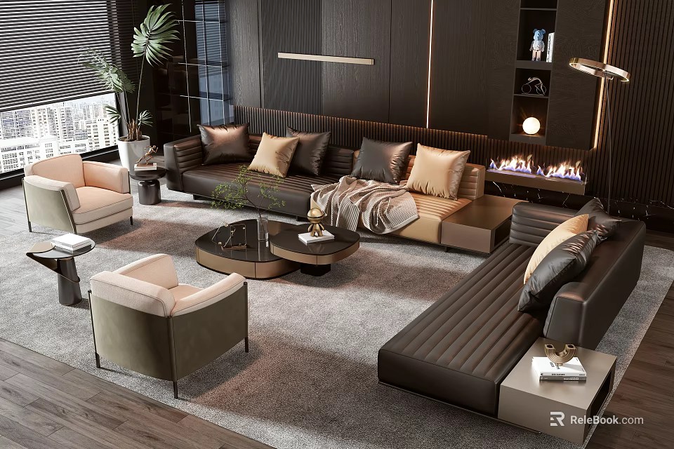 Modern Living Room Sofa Coffee Table Set With Fireplace Armchairs Throw Pillows And Area Rug 3d model 