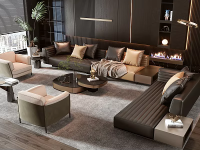 Modern Living Room Sofa Coffee Table Set With Fireplace Armchairs Throw Pillows And Area Rug 3d model
