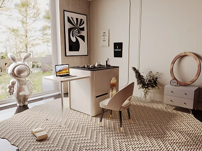 Tea Room Interior With Bunny Figure Laptop Table Chair Wicker Rug Wall Art Trees Window 3d model