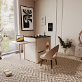 Tea Room Interior With Bunny Figure Laptop Table Chair Wicker Rug Wall Art Trees Window