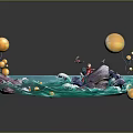 Cartoon Scene With Blue Water Waves Character On Purple Whale And Yellow Spheres
