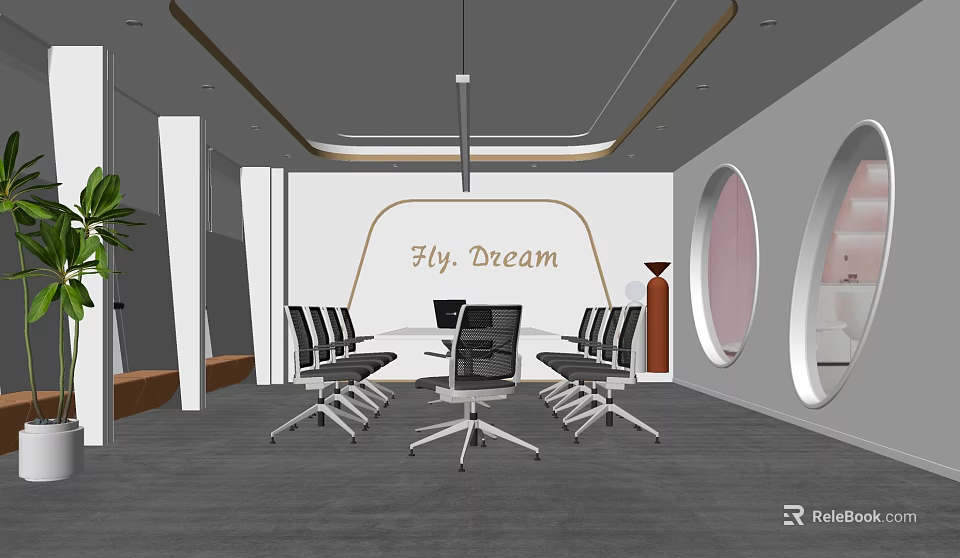 Modern Conference Room Interior With Black Chairs Circular Windows And Hy Dream Wall Art 3d model 