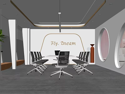 Modern Conference Room Interior With Black Chairs Circular Windows And Hy Dream Wall Art 3d model