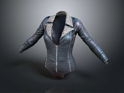 Stylish Leather Bodysuit With Leopard Print Collar And Zipper Front Design 3d model