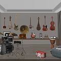 Creative Studio with Musical Instruments Art Supplies Hanging Guitars Violins Drum Set and Paintings