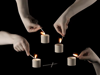 Hands Lighting White Candles Decorative Ornament Set With Matchsticks On Black Background 3d model