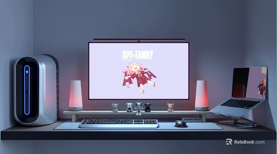 Anime Themed Computer Desk Setup With Monitor Keyboard Mouse Table Lamps And Laptop 3d model 
