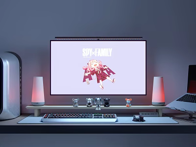 Anime Themed Computer Desk Setup With Monitor Keyboard Mouse Table Lamps And Laptop 3d model