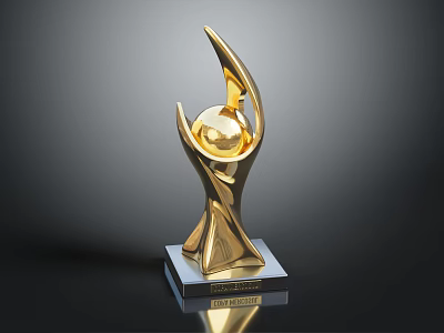 Golden Trophy with Modern Curved Design Transparent Base and Shiny Surface for Global Award Ceremony 3d model