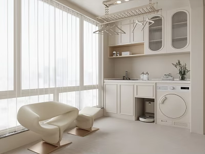 Modern Home Balcony with Storage Cabinets Washing Machine Armchair Ottoman and Clothes Drying Rack 3d model