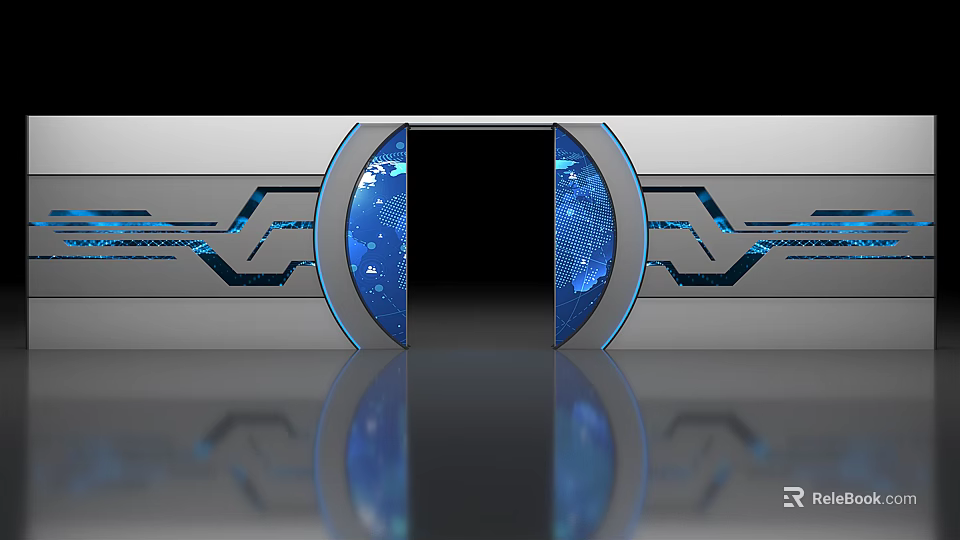 Futuristic Gate Design With Blue Glowing Accents And Globe Patterns On Metallic Frame 3d model 
