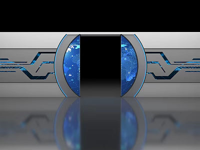 Futuristic Gate Design With Blue Glowing Accents And Globe Patterns On Metallic Frame 3d model