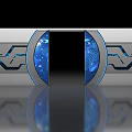 Futuristic Gate Design With Blue Glowing Accents And Globe Patterns On Metallic Frame