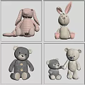 Stuffed Rabbit And Bear Plush Toys With Striped Design Pearl Necklace Buttons And Holding Hands
