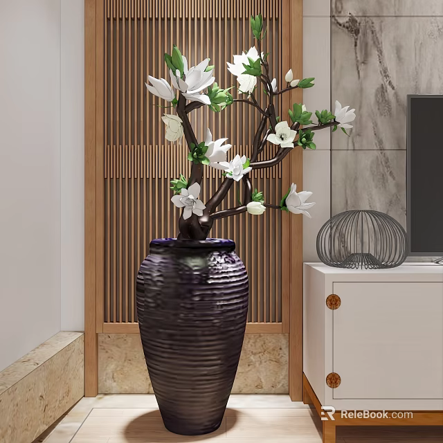 Dark Textured Ceramic Vase With White Magnolia Flowers In Modern Interior With Wooden Lattice 3d model 