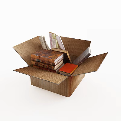 Open Cardboard Box Filled With Stacked Old Books And Various Book Collections 3d model