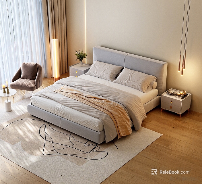 Modern Bedroom Interior Featuring Double Bed With Gray Headboard Light Sheets And Brown Throw 3d model 