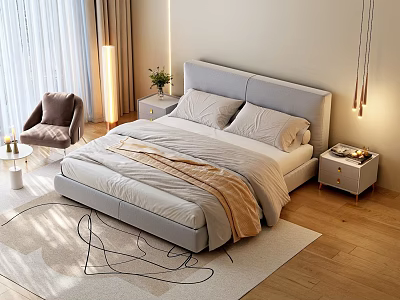 Modern Double Bed with Bed Head Backrest Floor Bed Frame Bed Fabric Bed Master Bedroom Master Bedroom Bed 3d model