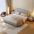 Modern Bedroom Interior Featuring Double Bed With Gray Headboard Light Sheets And Brown Throw