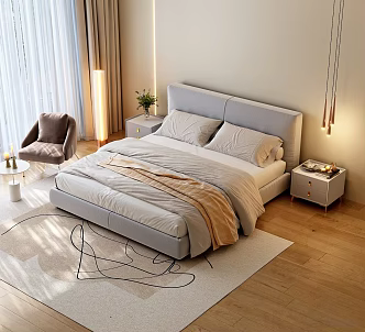 Modern Double Bed with Bed Head Backrest Floor Bed Frame Bed Fabric Bed Master Bedroom Master Bedroom Bed 3d model