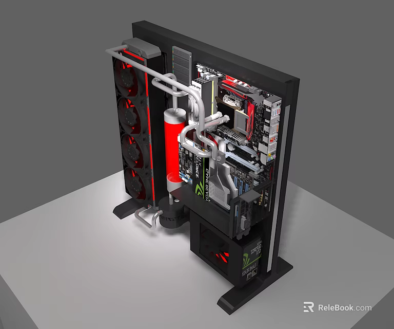 Open Frame Computer Case With Red Fans Liquid Cooling And High Performance Components 3d model 