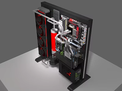 Open Frame Computer Case With Red Fans Liquid Cooling And High Performance Components 3d model