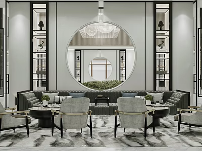 Elegant Modern Sales Office Interior Design With Circular Mirror Chandelier Sofas Armchairs And Green Plants 3d model