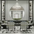 Elegant Modern Sales Office Interior Design With Circular Mirror Chandelier Sofas Armchairs And Green Plants