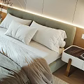 Modern Double Bed with White Pillows and Gray Blanket in Bedroom with City View Window and Round Decor Lamp