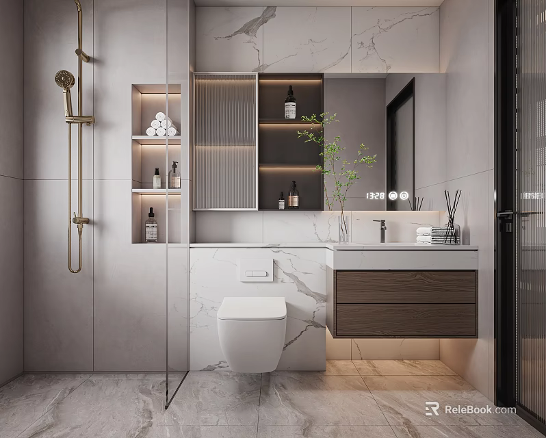 Modern Bathroom Washbasin Vanity With Marble Countertop Wooden Cabinet Mirror And Green Plant 3d model 
