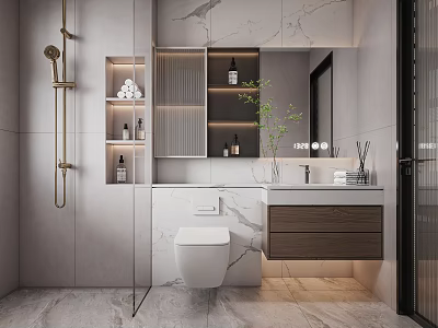 Modern Bathroom Washbasin Vanity With Marble Countertop Wooden Cabinet Mirror And Green Plant 3d model