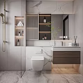 Modern Bathroom Washbasin Vanity With Marble Countertop Wooden Cabinet Mirror And Green Plant