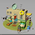 Colorful Camper Van Camping Scene With Satellite Dish Lifebuoy Deck Chair And Fishing Gear
