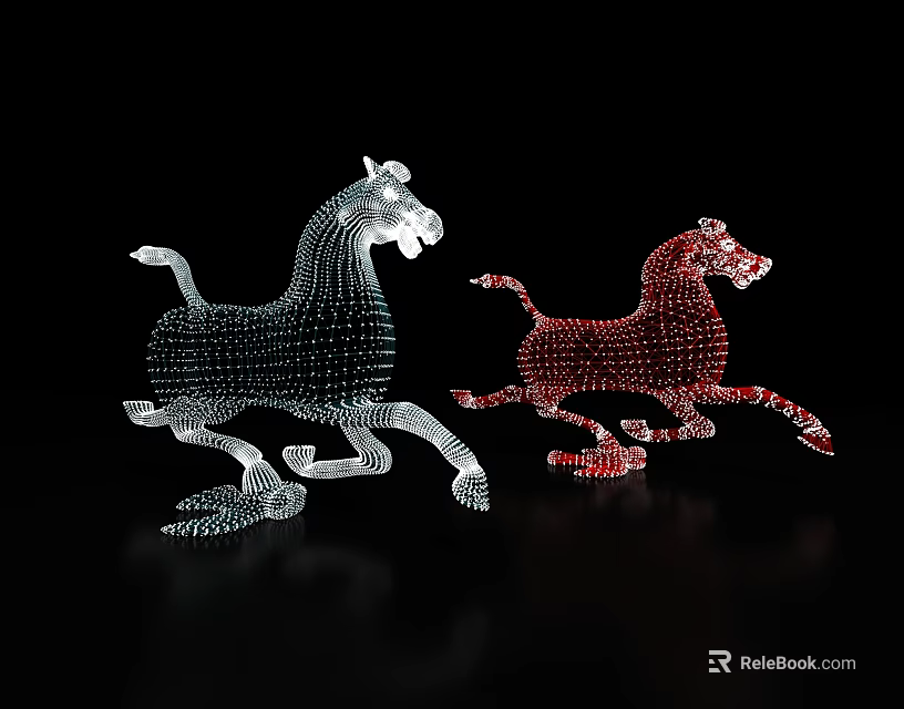 Modern Art Installation Featuring Two Running Horses With Dot Structure In White And Red 3d model 