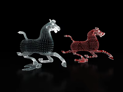 Modern Art Installation Featuring Two Running Horses With Dot Structure In White And Red 3d model