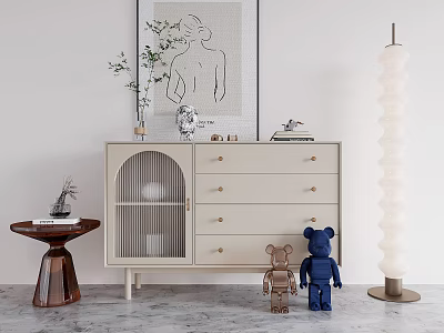 Modern Beige Console Cabinet Sideboard With Drawers Glass Door And Teddy Bears Floor Lamp 3d model