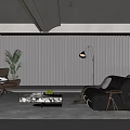 Modern Living Room Interior With Black Leather Sofa Coffee Table Floor Lamp And City View