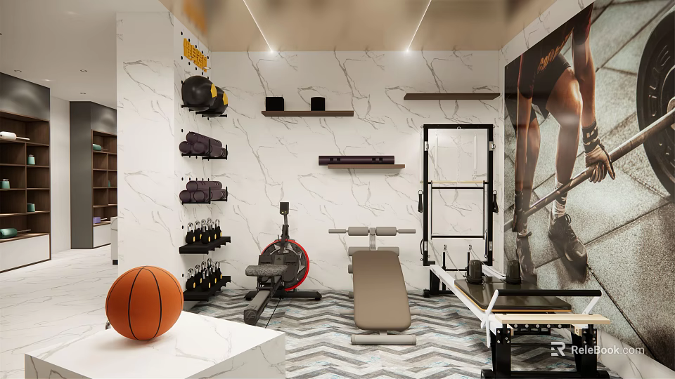 Home Gym Setup With Basketball Fitness Equipment Wall Shelves Dumbbells Geometric Floor And Fitness Poster 3d model 