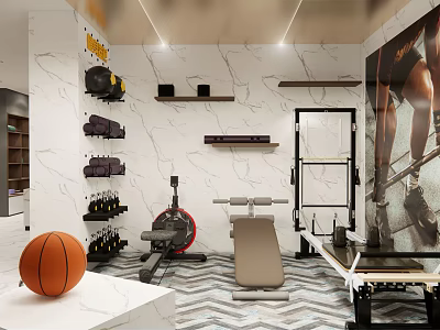Home Gym Setup With Basketball Fitness Equipment Wall Shelves Dumbbells Geometric Floor And Fitness Poster 3d model