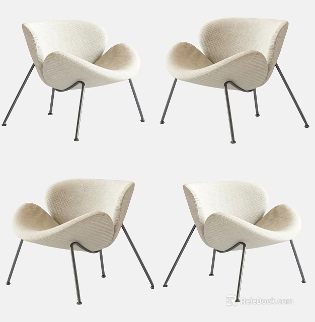 Elegant Beige Fabric Accent Chair With Curved Backrest And Black Metal Legs 3d model 