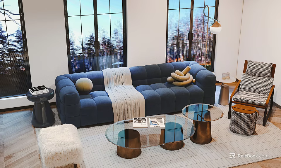 Blue Velvet Sofa Coffee Table Set With Glass Top And Metal Bases In Modern Living Room 3d model 