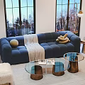 Blue Velvet Sofa Coffee Table Set With Glass Top And Metal Bases In Modern Living Room