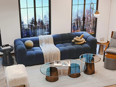 Blue Velvet Sofa Coffee Table Set With Glass Top And Metal Bases In Modern Living Room 3d model