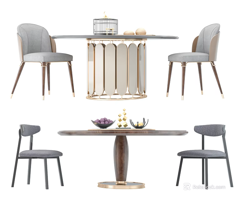 Modern Round Dining Table Set With Gray Upholstered Chairs And Gold Accent Base 3d model